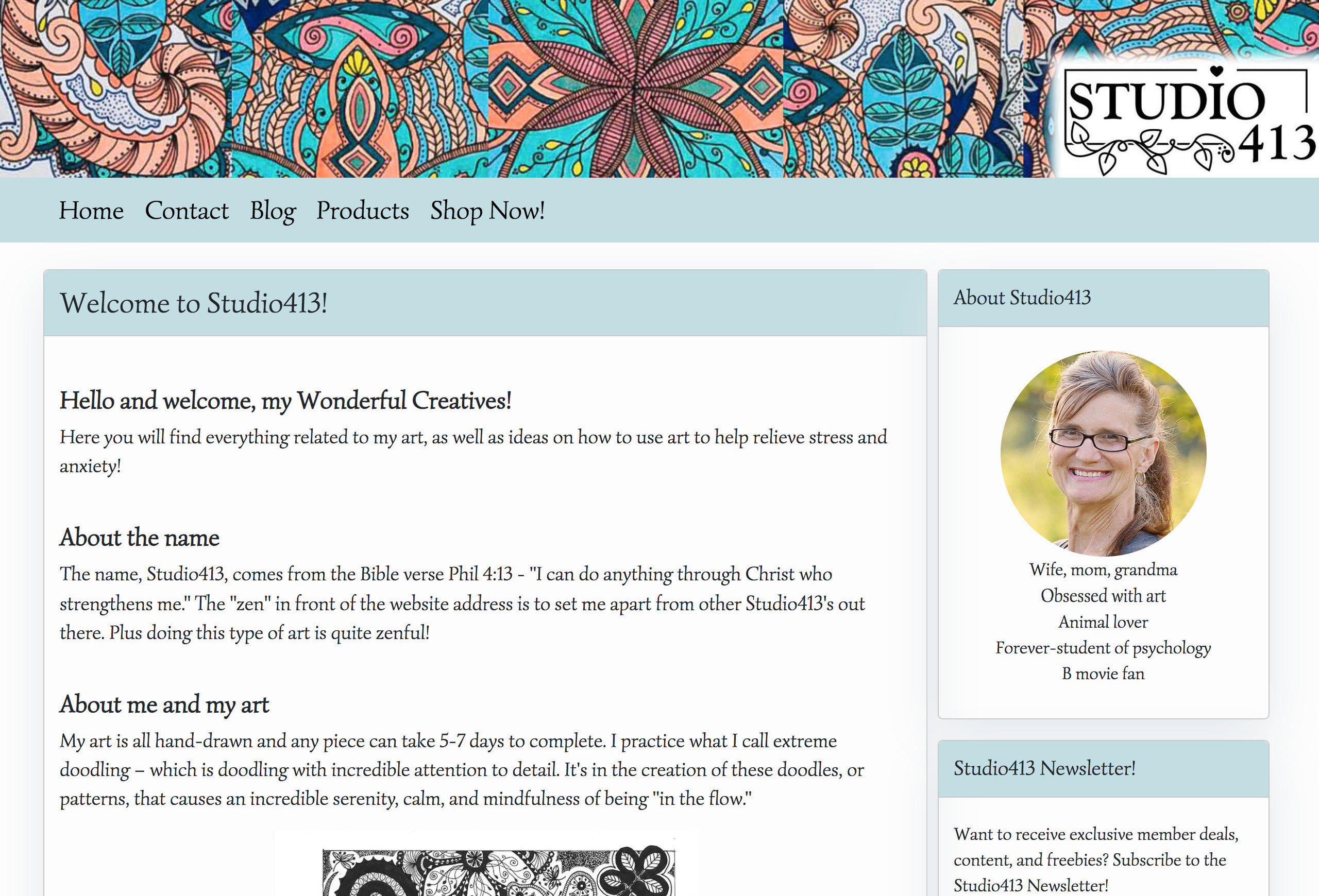 A screenshot of the home page of Studio413, an artist's blog